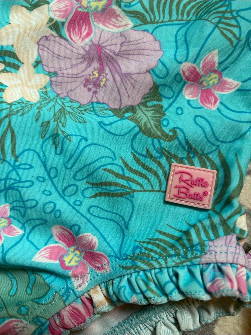 Ruffle Butts Teal Floral Long-Sleeve Rashguard One-Piece